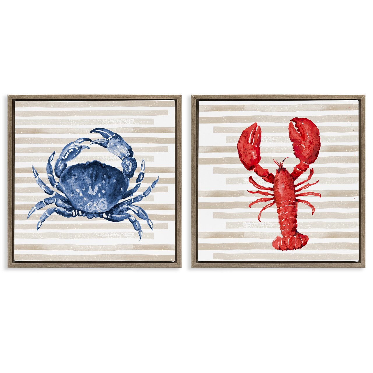 Stupell Industries Nautical Crab & Lobster Beige Stripes Framed Floater Canvas Wall Art
